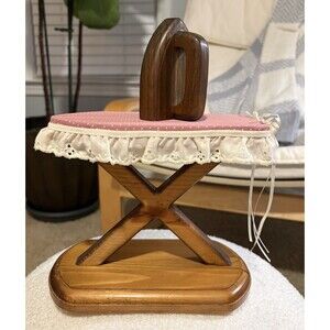 Vintage Handcrafted Wooden 18” Doll Ironing Board and Iron with Fabric Cover